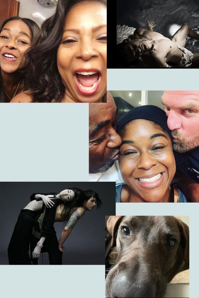 A collage of different people and their dogs.